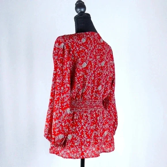 Max Studio Red Floral Blouse Long Sleeve Tie Front-Size M - Picture 4 of 8